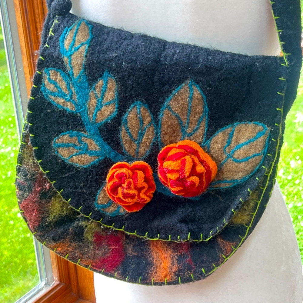 RISING TIDE 100% Wool Crossbody Bag Purse, Floral Applique, Made in Nep…